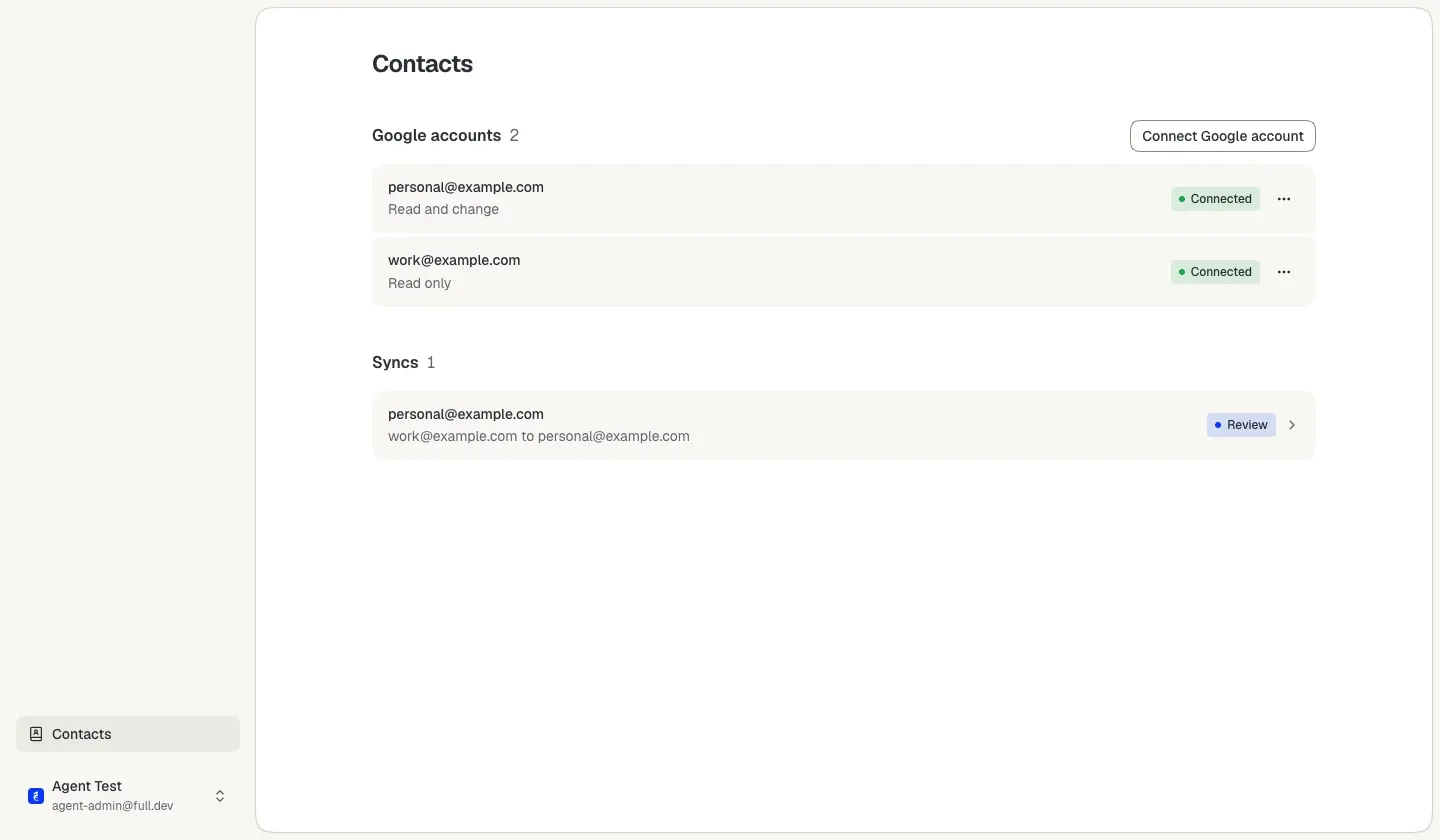 Het dashboard van Fulldev Contacts